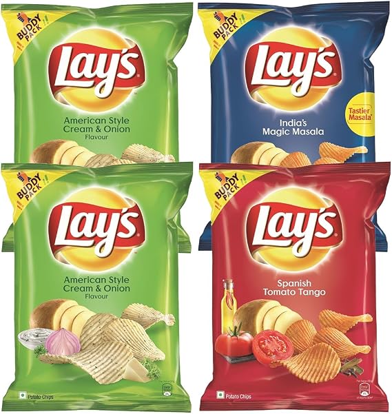 Lays Combo - American Style Cream & Onion Flavour 52 Grams + Spanish Tomato Tango 52 Grams + Magic Masala 52 Grams - India - Potato Chips - wafers