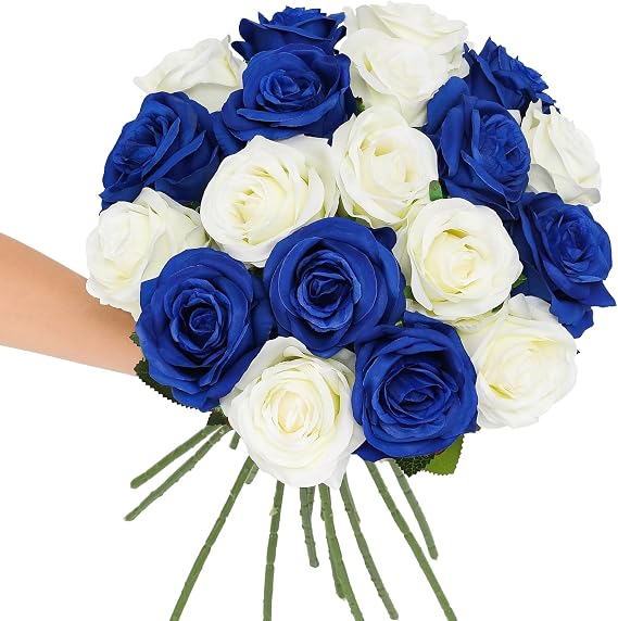 Tifuly 12Pcs Roses Long Stem Fake Silk Artificial Flowers White & Blue
