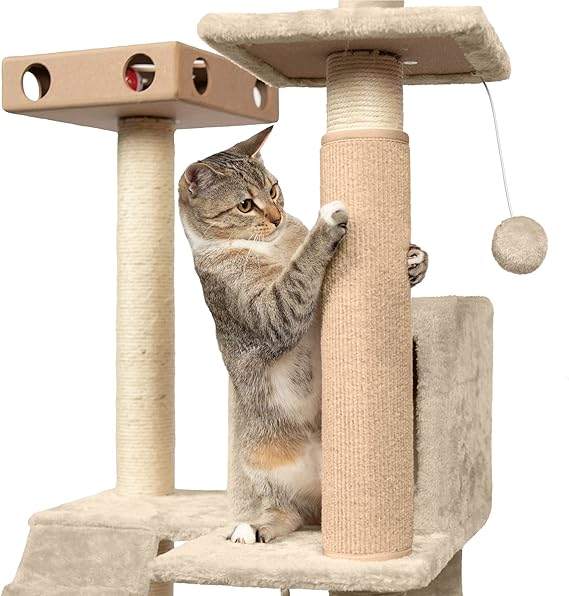 Furhaven Wrap Around Scratching Post Cover for Indoor Cats, Fits Posts Up to 3.5" Diameter, Durable & Less Mess - Tiger Tough Carpet Scratch Mat - Cream, Small