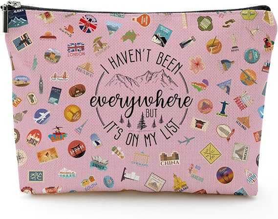 World Travel Cosmetic Bag - Perfect Travel Accessories Gift for Women, Toiletry Bag for Her, Cute Traveler Gift, Vacation Essentials Organizer (Pink)