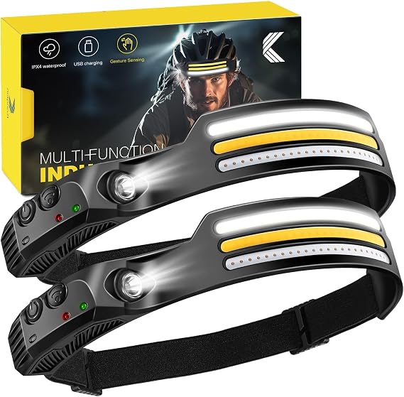 2-Pack-Head Torch Rechargeable-Super-Bright-LED-Headtorch-Headlamp with Sensor Control-Headlight-10 Light Modes-IPX4 Waterproof-Adjustable Strap-Lightweight-For Running-Camping-Cycling-Fishing,2P [Energy Class A+++]