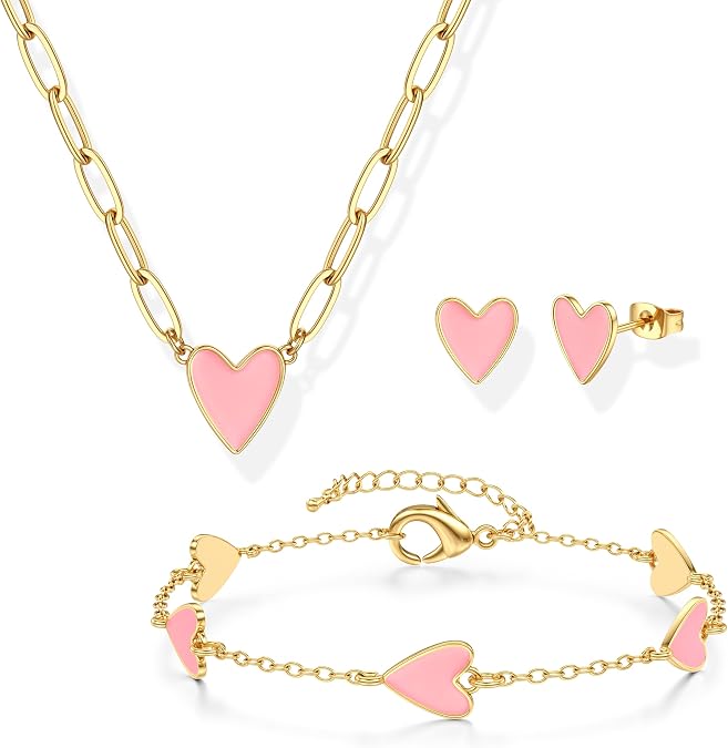 ORAZIO Jewelry Set for Women,Hypoallergenic 14K Gold Plated Pink/Black/Blue/White Heart Jewelry Set Trendy Heart Pendant Necklace Heart Charm Bracelet Cute Heart Earring Studs Dainty Women's Jewelry Sets Gift