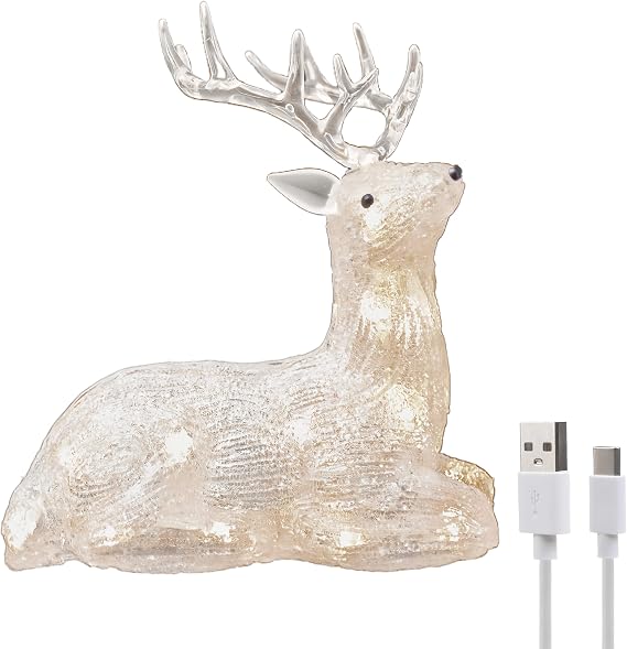 Gloworm YKL-1016, 21.5CM with Acrylic Figure Light Up Reindeer Lighting, 20 Warm White LEDs, 6H Timer Dual Power Supply USB or Battery: 3 x AAA (Not Included) Christmas/Home Decoration Indoor