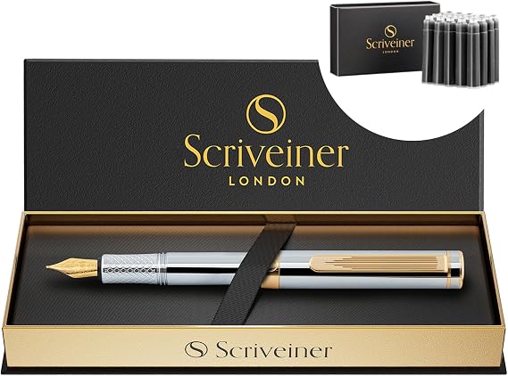 Scriveiner Silver Chrome Fountain Pen (Medium), Award Winning Luxury Heavy Pocket Pen With Real Gold Plating, Bundle with Fountain Pen Ink Cartridges - Black - 20 Standard International Made in UK