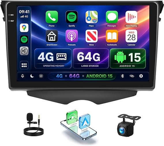 [4G+64G] Android Car Radio for Hyundai Veloster 2011-2017 Wireless Carplay Android Auto 9 Inch Touch Screen Bluetooth FM RDS/WiFi/GPS Navigation/SWC+AHD Backup Camera