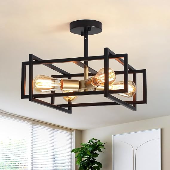 Black & Gold Ceiling Light Living Room, 4 Lights Industrial Rectangle Frame