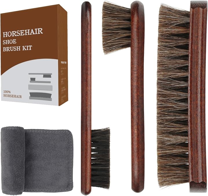 4-Piece 100% Horse Hair Shoe Brush Kit Premium Dauber Applicators Leather Care Cleaning Set with Polishing Brushes and Microfiber Cloth for Leather Suede Shoes Boots Bags Cars Cleaning Polishing