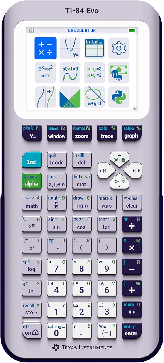 TI-84 Evo Graphing Calculator Texas Instruments, Lavender | Intuitive Icon-based Homescreen, USB-C Charging, Python Programming, Faster Performance, Bigger Graphs than TI-84 Plus CE