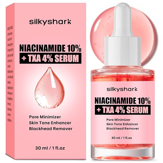 SilkyShark Niacinamide Serum (1 Fl Oz), 10% Niacinamide + 4% Tranexamic Acid Serum, Face Serums for Pore Minimizing, Dark Spots, Blackhead Removal, Hydrating, and Anti-Aging