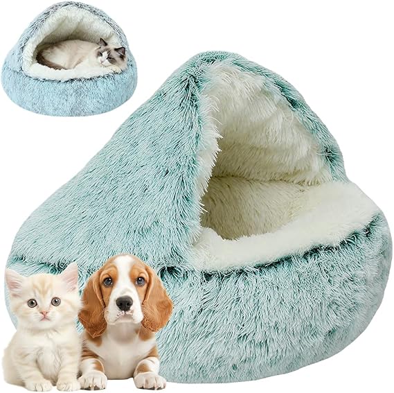 Plush Hooded Cat Bed, Cat Beds for Indoor Cats, Cozy Pod for Indoor Cats or Small Dogs, Removable Washable Cove with Non-Slip Bottom (Green, Medium)