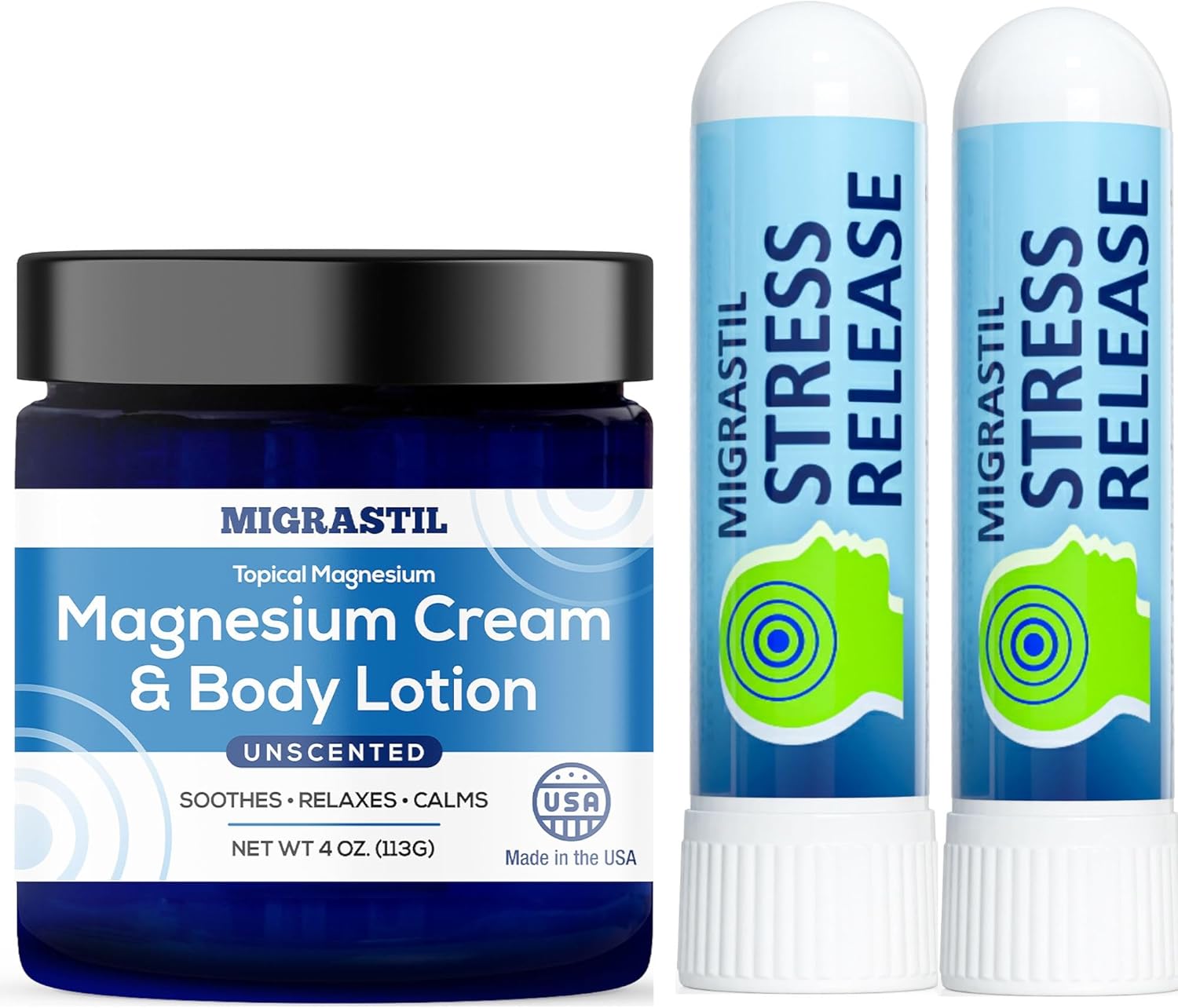 Unscented Magnesium Cream and Stress Release Inhaler 2-Pack Bundle. Made in The USA