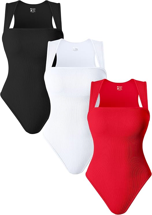 OQQ 3 Piece Bodysuits For Women Sexy Ribbed Strappy Square Neck Stretch Tank Tops Bodysuits