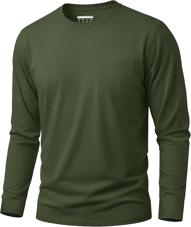 Cavva Men's T-Shirt Long Sleeve Cotton Shirt with Pockets Basic Crew Neck Long Sleeve Pullover Autumn Basic T-Shirt
