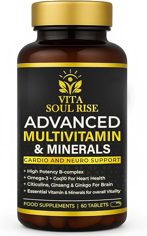 Multivitamin Tablets for Women & Men - Cardio & Brain Support with CoQ10, Omega-3, B-Complex, Ginseng & Ginkgo - Advanced Multivitamin & Minerals - 60 Tablets