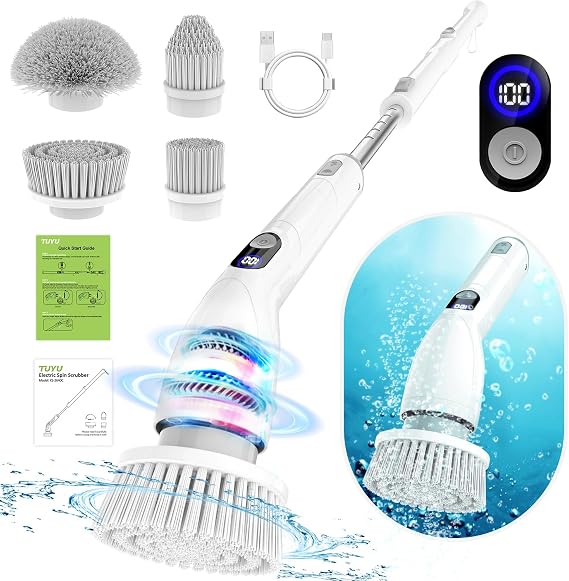Electric Spin Scrubber,Full-Body IPX7 Waterproof Bathroom Scrubber with Power LCD Display, Adjustable Extension Handle and Cordless Electric Cleaning Brush for Bathroom,Kitchen Cleaning