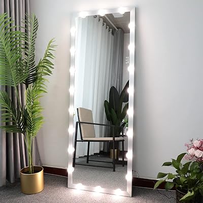 63X 24 Hollywood Full Length Mirror with Lights, LED Floor Mirror Light Metal Frame, Dimming & 3 Color Modes LED Full Body Dressing Stand and Wall Mounted Long Mirror Silver