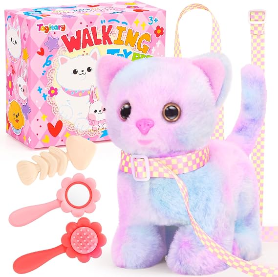Tagitary Plush Interactive Electronic Cat Toy for Kids - Moves, Meows, Wags Tail - Stuffed Animal With Leash - Easter, Christmas, Birthday Gift for
