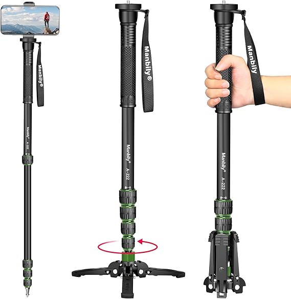 Manbily Camera Monopod with Feet, Aluminum Portable Travel Monopod with Removable Tripod Stand Base for DSLR Canon Nikon Sony Video Camcorder Green