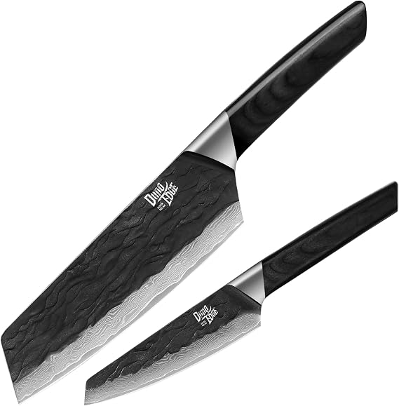 Professional Damascus Kitchen Knife, High Carbon Stainless Steel, Pakkawood Handle, Black Oxide Hammered 7 Inch Bunka Knife and 5 Inch Utility Knife
