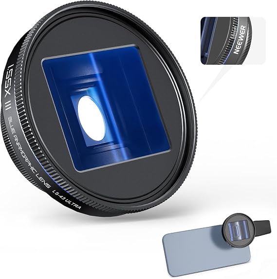 NEEWER 1.55x Blue Anamorphic Lens Compatible with iPhone Android Samsung, Phone Camera Accessories with 17mm Threaded Lens Clip & 58mm Filter Adapter Ring, Cinematic Wide Screen Effect, LS-43 ULTRA