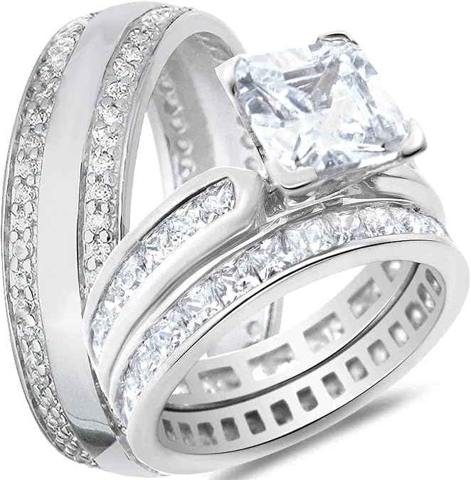 His Hers TRIO Sterling Silver Wedding Ring Set 3 PCS Matching | Bands Him Her Bride Groom Couples 2 Carat Princess Cut