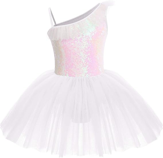 IDOPIP Girls Sequins Ruffle One Shoulder Ballet Dance Dress Tutu Skirted Leotard Ballerina Dancewear Costume for Toddler Kids