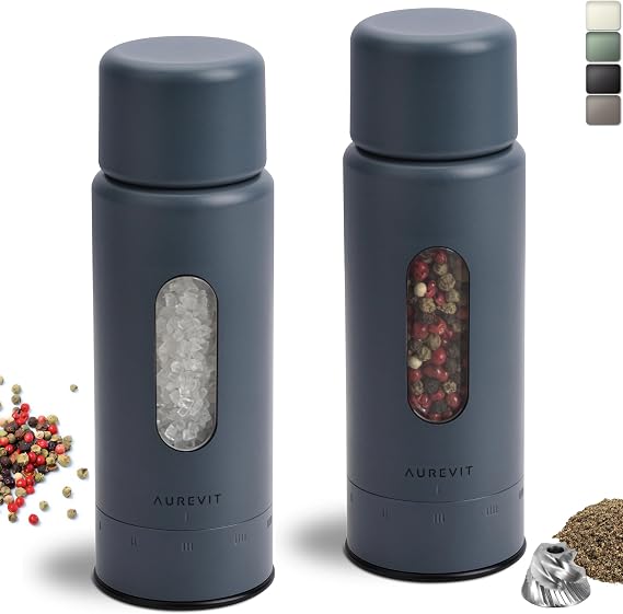 Salt and Pepper Grinder Set Manual, Salt and Pepper Mill with Ceramic/Stainless Steel Core, External Adjustable Coarseness, Refillable, Durable (2 Packs, Blue-Grey)