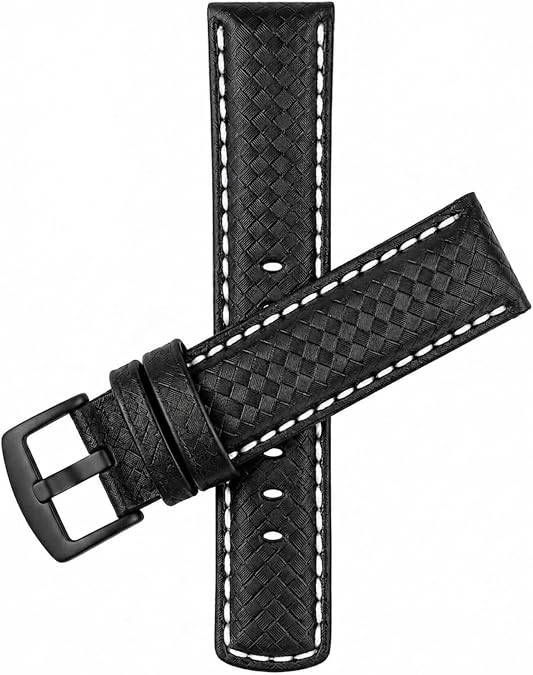 Bandini Mens Carbon Fiber Leather Watch Band Straps, Black with Colored or White Stitch, 18mm, 20mm, 22mm, 24mm