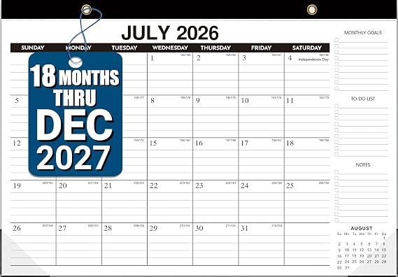 Desk Calendar 2026-2027, 18-Month Wall Calendar Through Dec 2027, Large 17" x 12" Monthly Calendar Planner, Ample Space, Thick Paper, Plastic Cover - Perfect for Home School & Office Organization