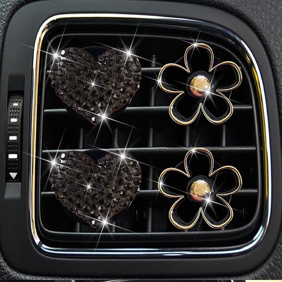 4 Pcs Black Bling Heart and Daisy Car Air Fresheners Vent Clips Diffuser Vent Clip Rhinestone Diamond Decoration Car Interior Decor Cute Accessories for Women, Automotive Air Fresheners