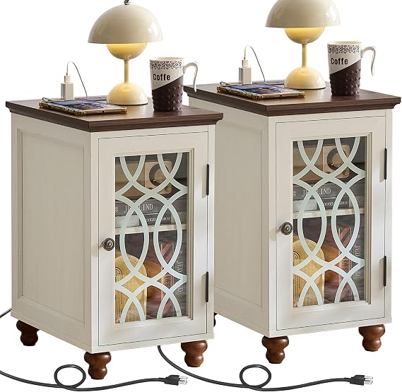 Joaxswe Narrow Side Table with Charging Station Set of 2, Night Stand with Glass Door,Bedside End Tables with Adjustable Shelf Storage Cabinet,Wood Nightstand for Small Spaces Living Room Bedroom