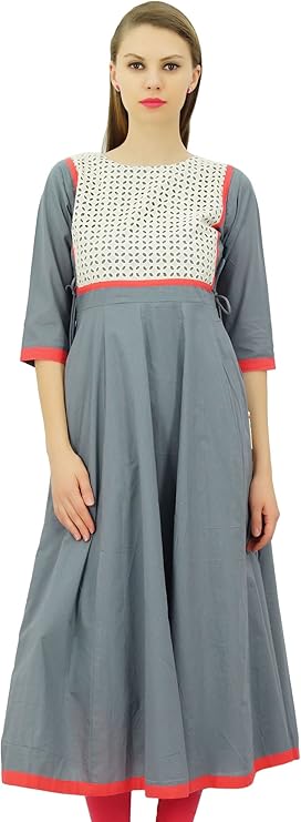 Bimba Designer Flared Anarkali Dress for Women Cut-Work York Kurti Long Tunic Cotton Kurta