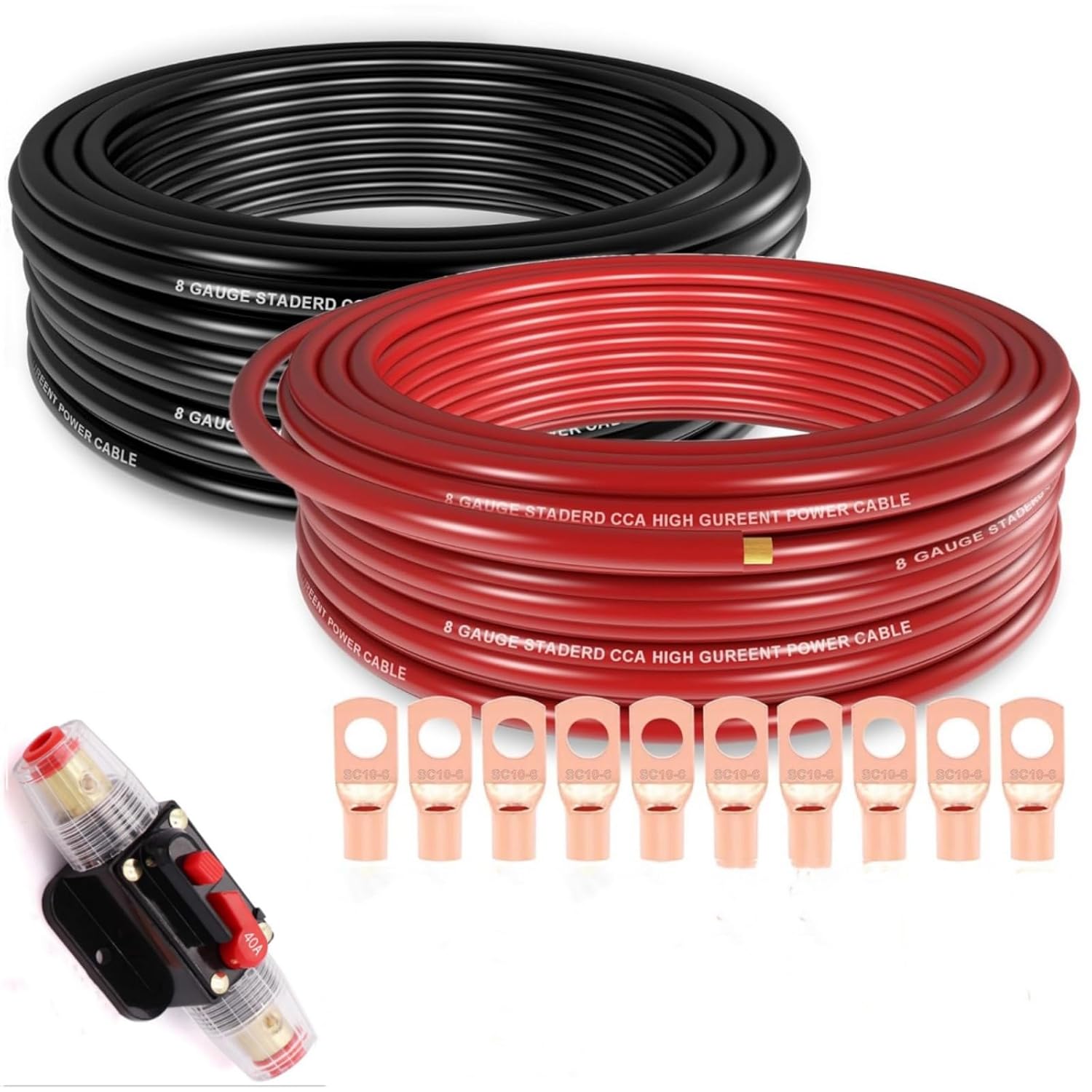 8 Gauge Wire 25ft Each - RedBlack Copper Clad Aluminum CCA - Primary Automotive Wire with 40A Audio Inline Circuit Breaker Reset Fuse
