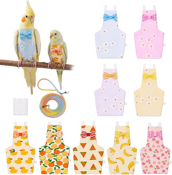 9 Pcs Reusable Bird Diaper, Cute Parrot Flight Suit with Leash & Diaper Pads, Washable Bird Nappy Clothes with Adjustable Straps for Cockatiel, Sun Conure, Green Cheek & Medium Parrots(Size M)