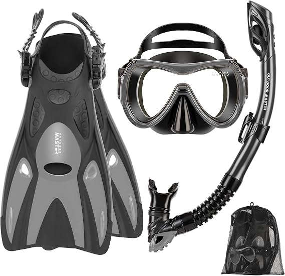 OutdoorMaster Mobula Snorkeling Gear for Adults,Mask Fins Snorkel Set with Panoramic View Anti-Fog, Dry Top Scuba Gear for Swimming Snorkeling Diving
