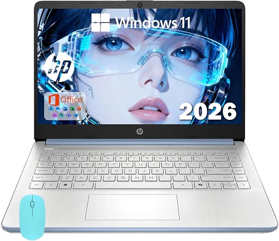 HP 14 Elite Laptop, 4GB RAM, 1.12TB Total Storage (128GB UFS+1TB Cloud), Sky Blue, Office 365, Intel Multi-Core, Win11, Copilot AI, 11Hr Battery, Alpacatec Mouse