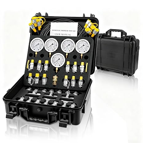 Drkerr Hydraulic Pressure Test Kit, (10/100/250/400/600bar) 60MPa, 5 Gauges 13 Test Couplings 14 Tee Connectors 5 Test Hoses w/Sturdy Portable Carrying Case for Excavator Construction Machinery