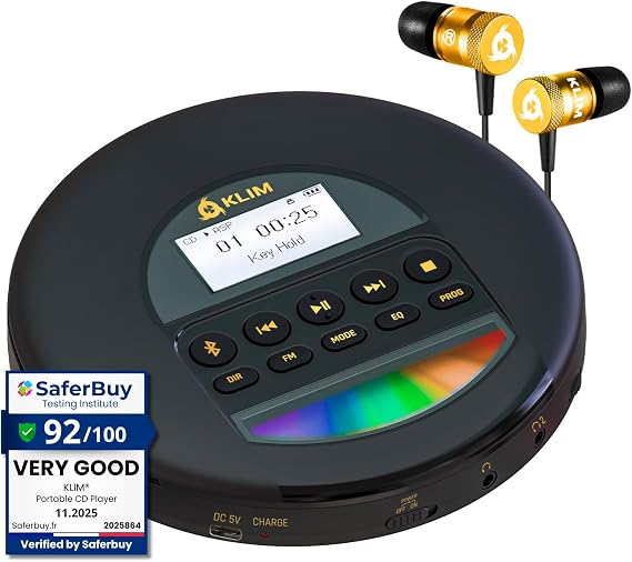 KLIM Nomad - Portable CD Player with Long-Lasting Battery - with Headphones - Radio FM - Compatible MP3 CD Player Portable - TF Card Radio FM Bluetooth - Ideal for Cars - Or