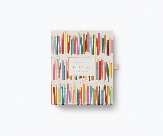 RIFLE PAPER CO. Birthday Candles Keepsake Card Box, Illustrated Set of 8 | Box: 5" L x 6" W x 1" H, Cards: 5.5" L x 4.25" W, Blank Interior, Illustrated Box with Pull-Out Tray, 4 Pretty Patterns