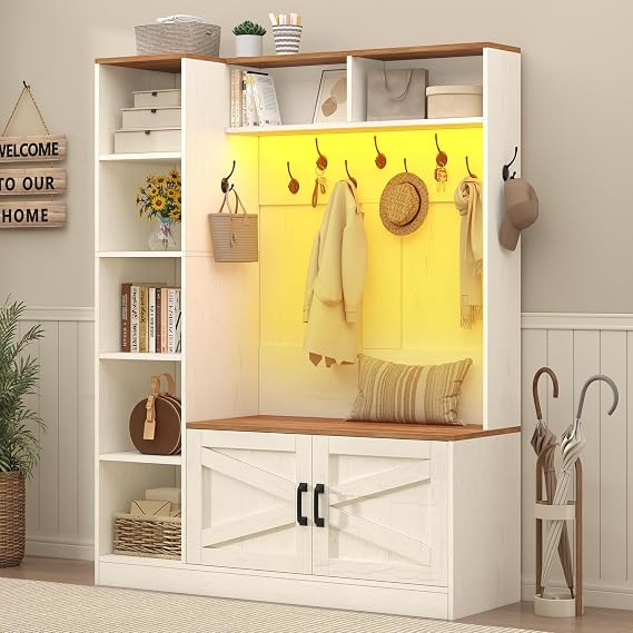 TVU Hall Tree with Bench & Shoe Storage, Farmhouse Entryway Bench with Coat Racks & Led Lights, Entryway Solution with 7 Storage Cubbies, 10 Double Hooks, Adjustable Shelf & Barn door