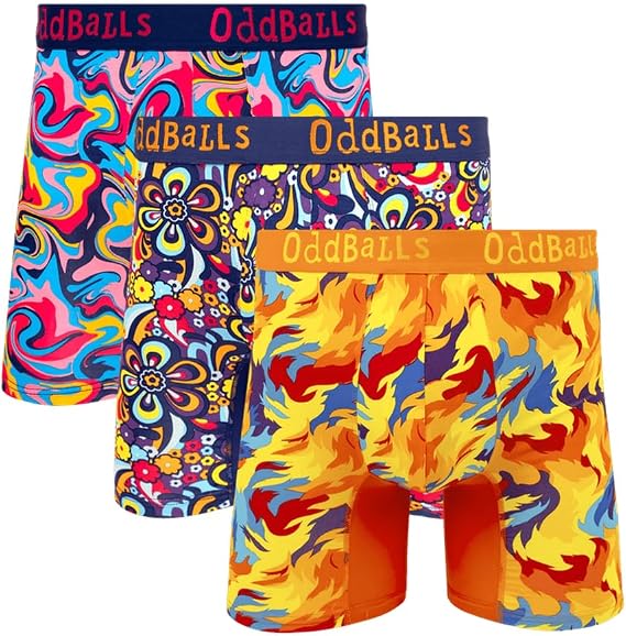 OddBalls Mens Bamboo Boxer Shorts, 3 Pack - Patterned, Anti-Chafing Underwear