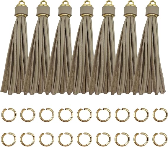 12pcs Faux Leather Keychain Tassels 4.3 Inch Decoration DIY Charms Elegant, Long-Lasting Tassels for Keychains, Cellphone Straps Wristlets Crafts (Gold Caps, Beige)