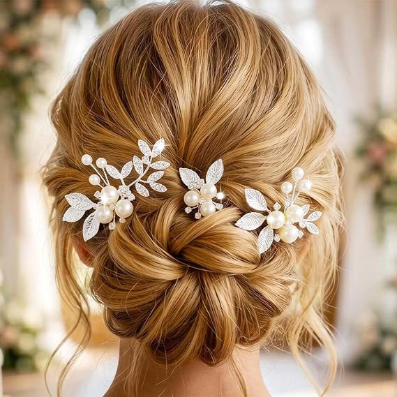 Heread Pearl Wedding Hair Pins Silver Bridal Clip for Women (Pack of 3)