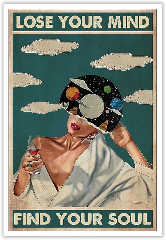 Quark Vintage Lose Your Mind Find Your Soul Poster Mental Health Canvas Wall Art Abstract Aesthetic Music Girl Print Painting Modern Mid-Century Wall Decor for Bed Room Bathroom 12x16in Unframed