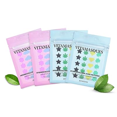 Vitamasques Acne Patch Face Mask Set, 4-Pack - Hydrocolloid Patches 80 Count Salicylic & Tea Tree, Salicylic & Niacinamide - Korean Skin Care - Reduce Oil Build-Up for Blackheads