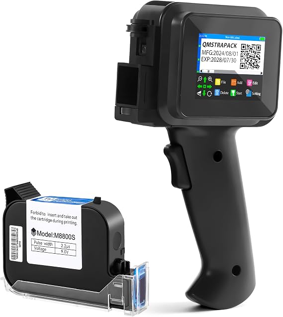Upgraded Mini Handheld Inkjet Printer with Black Fast-drying Cartridge, M12 Portable Handheld Printer Gun for Text, Date, Time, Barcode, Logo, QR Code, Batch Number On Any Surfaces(0.5 Inch Nozzle)