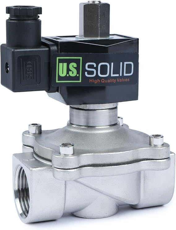 U.S. Solid 1 in Stainless Steel Electric Solenoid Valve, AC 110 V, Normally Open, FKM Seal, 12 Cv, Semi-Direct, for Diesel Gas Air and Oil, for Water Treatment Chemical and HVAC
