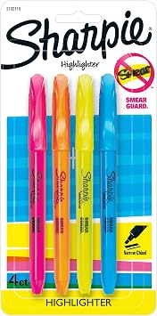 Sharpie Pocket Style Highlighters, Chisel Tip, Assorted Fluorescent, 4 Pack