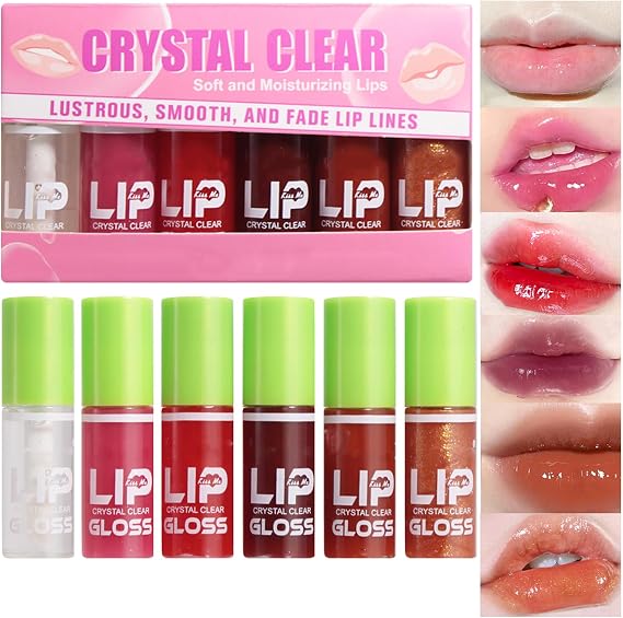 6PCS Fat Oil Lip Gloss Mini,Small Brush Head Hydrating Transparent Lip Glow Oil for Women Moisturizing Tinted Lip Plumper Gloss Longlasting Non-sticky