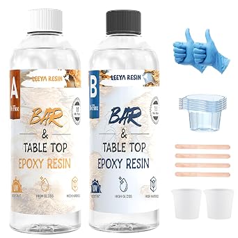 Epoxy Resin Kit 32OZ, Table Top Epoxy Resin Crystal Clear, Ultra-Gloss, Self-Leveling Resina Epoxica for River Table, Countertop, Arts & Crafts, Woodwork, Jewelry 1:1 Mix(16 oz*2)